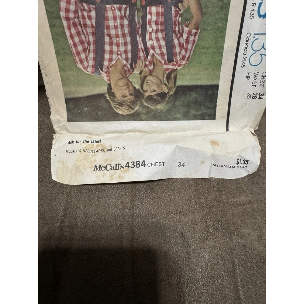 McCall's 4384 Sewing Pattern Mens Overalls 1974 70s Size Waist 28 Carefree